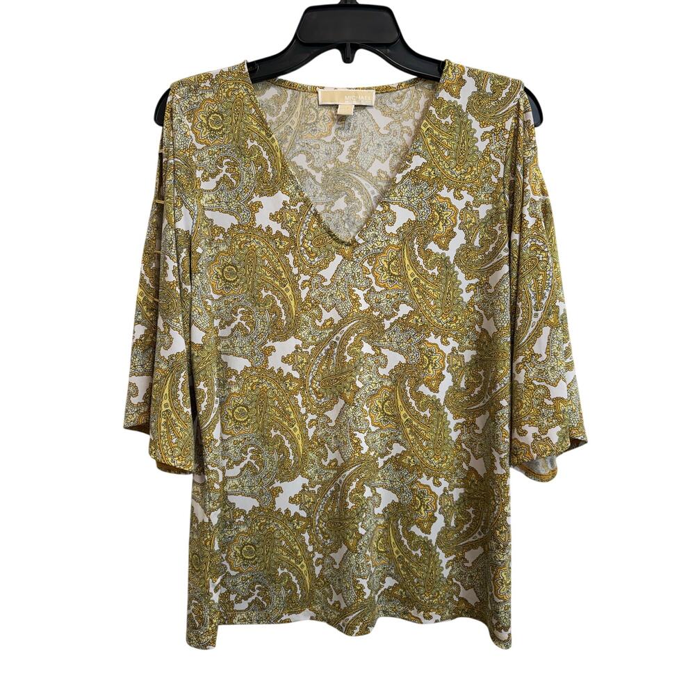 Michael Kors Paisley V-Neck Cut-out Half Sleeve Gold & White Top Medium